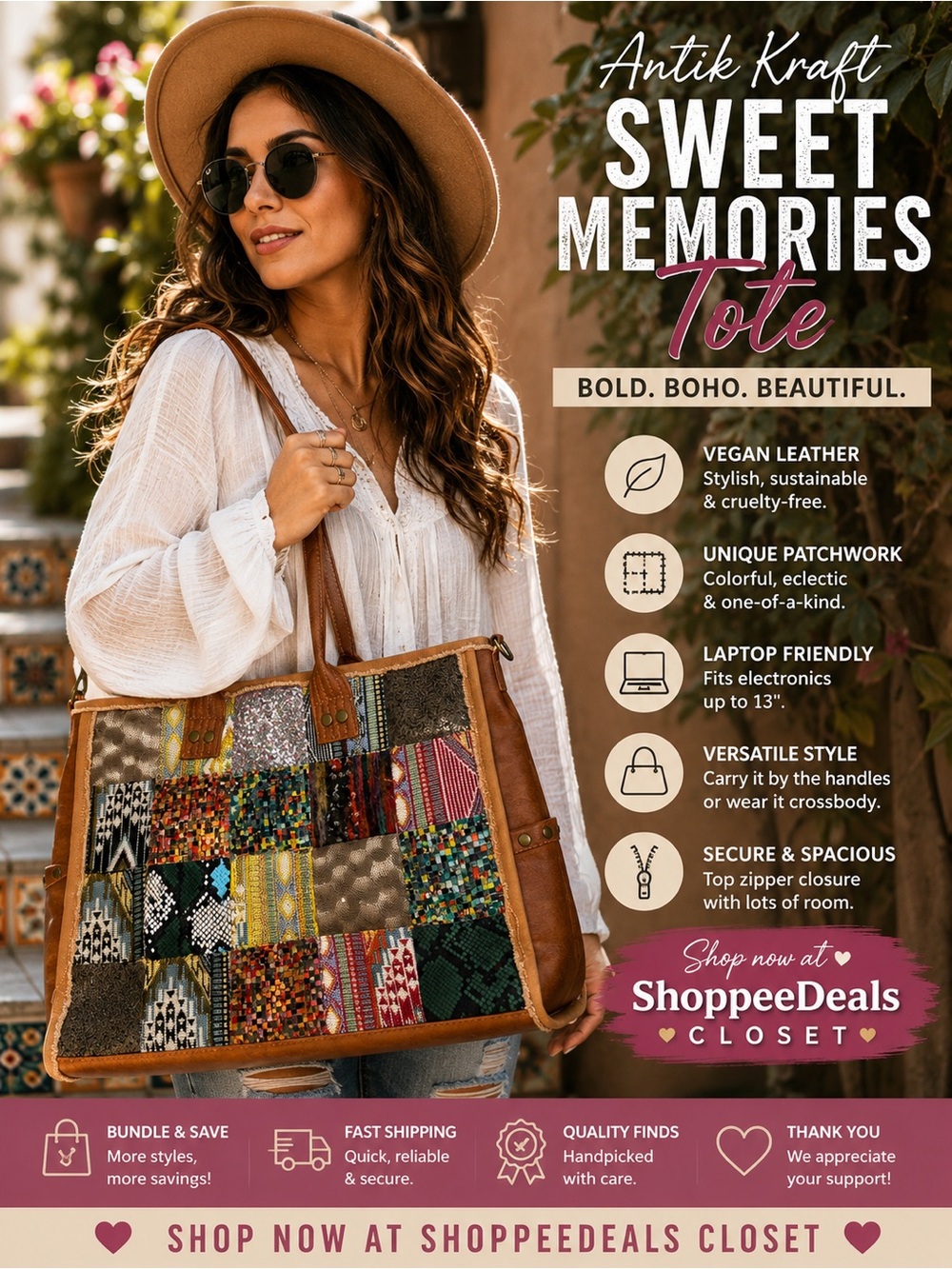 Antik Kraft Sweet Memories Patchwork Tote Bag | Vegan Leather